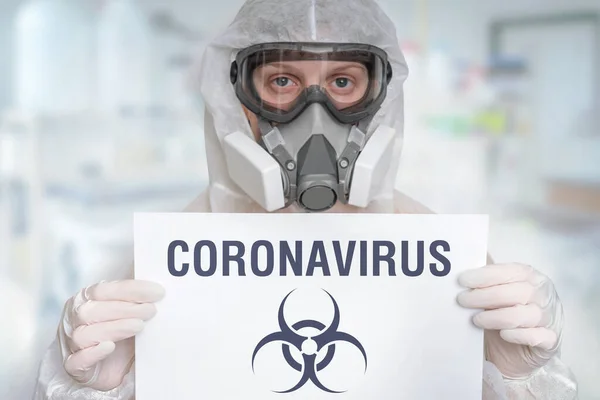 Scientist Ffp3 Respirator Mask Biohazard Logo Coronavirus Epidemic Concept — Stock Photo, Image