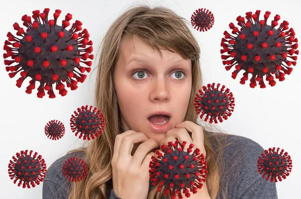 Scared Woman Afraid Coronavirus Covid 2019 Ncov Virus Concept — Stock Photo, Image