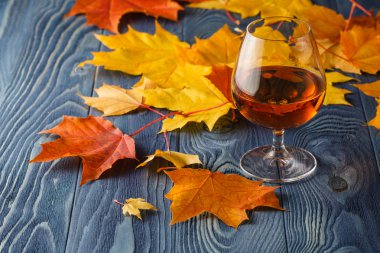 Baharat alkol. Bir yudum cam Amber renkli brendi bir 