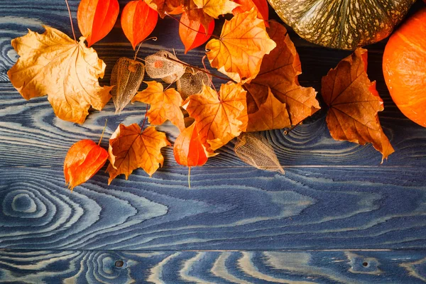 Upadek liść na niebieskim tle drewnianych — Zdjęcie stockowe