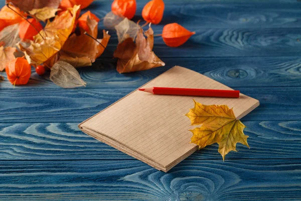 Blank notepad and colorful autumn maple leaves on wooden table b — Stock Photo, Image