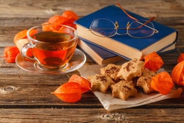 Sonbahar afiş. hafif ahşap arka plan üzerinde kurutulmuş physalis.