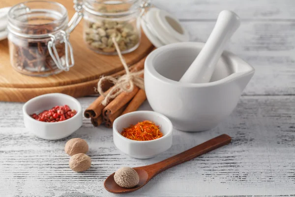 Ceramic Mortar with Pestle and fresh spices