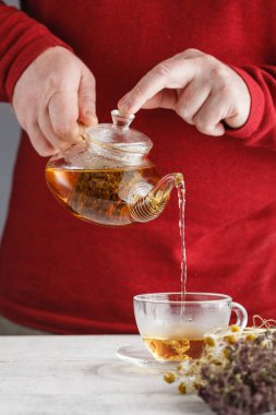 Çay fincanına çay dolduruyorum.