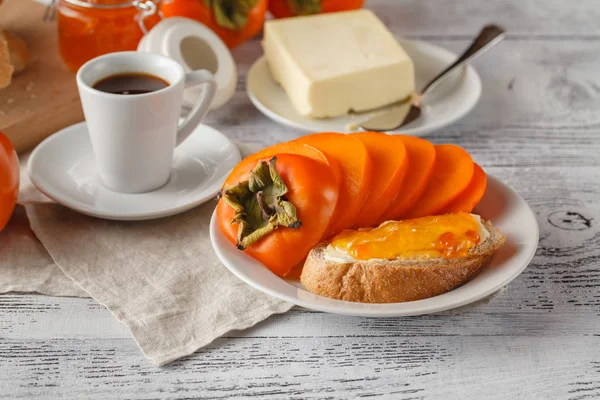 Buttered toast with strawberry apricot jam — Stock Photo, Image