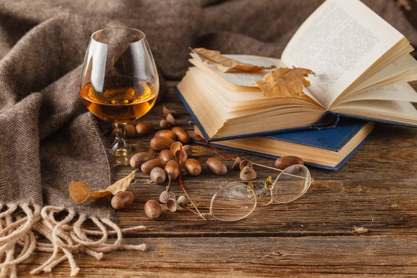 Snifter de brandy e livro, folhas de carvalho secas — Fotografia de Stock