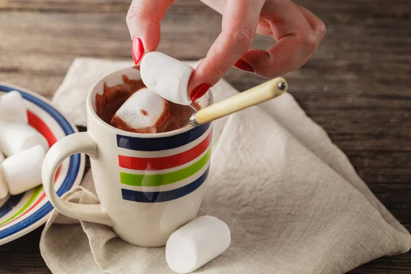 Kakao mit Marshmallows in den Händen — Stockfoto
