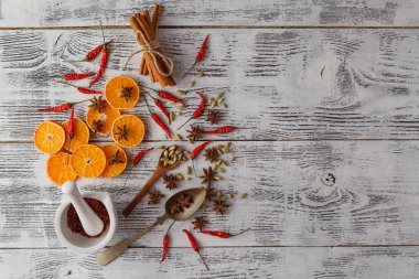 Baharatlı Noel arka plan. pişirme yemek pişirmek için malzemeler