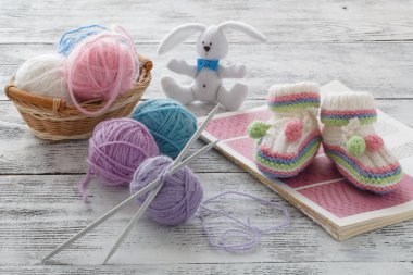 Hobi kavramı. Renkli yün iplik sepeti clews