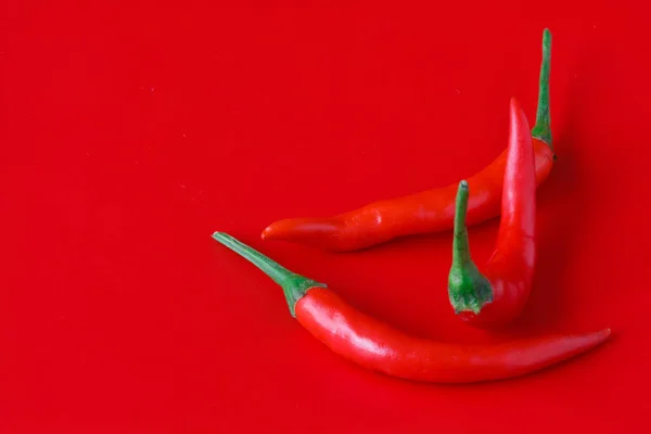 Montón de chiles rojos frescos sobre fondo rojo — Foto de Stock