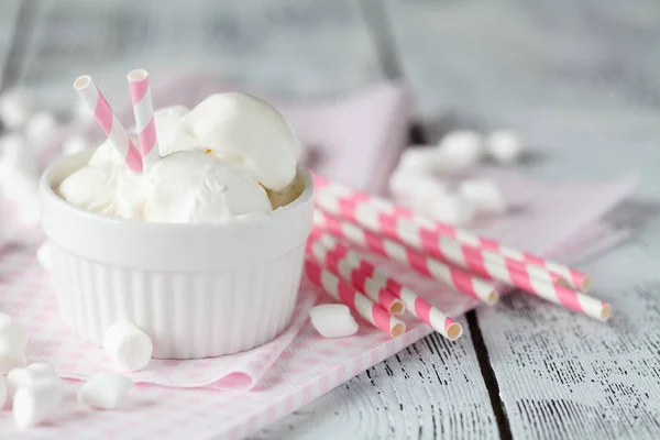 Servir de delicioso helado de vainilla cremoso congelado en un rústico — Foto de Stock