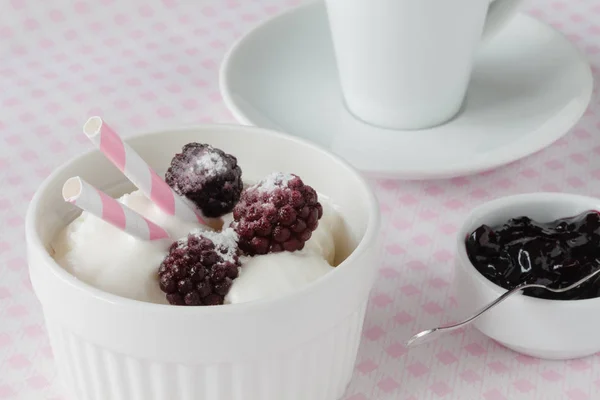 Вкусное мороженое со свежими замороженными ягодами и соусом, на коло — стоковое фото