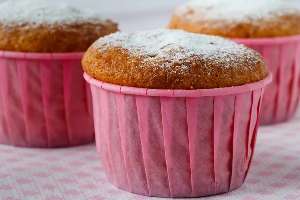 Muffin cake with white powdered sugar — Stock Photo, Image