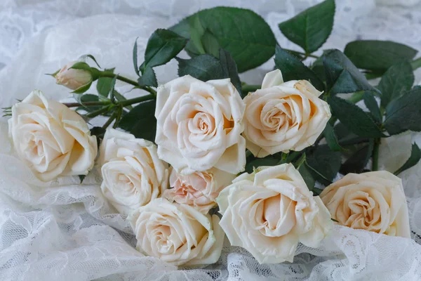 Білі троянди на старому білому дерев'яному столі — стокове фото