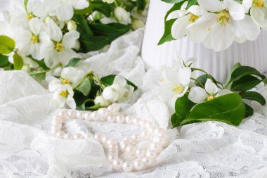 Cam vazo içinde elma ağacının beyaz çiçekler ile şık kadınsı alanı. Minimalist tarzı natürmort