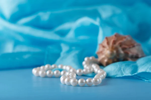 Perle et coquille, coquille Paua et ornements de perles sur draperie bleue — Photo