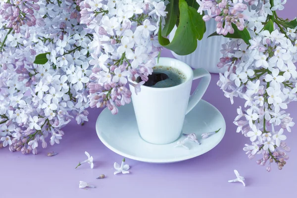 Lila en jarra blanca con café — Foto de Stock