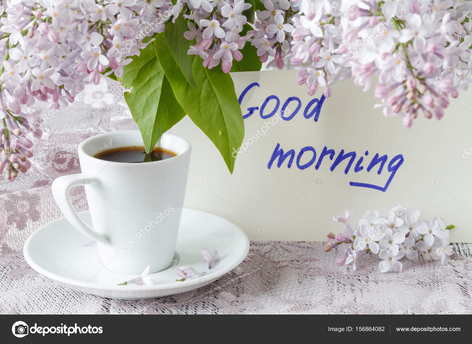 Images Good Morning In Purple Colour Lilac Flowers In A Ceramic