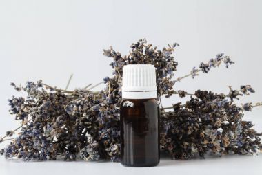 kurutulmuş lavanta esansiyel yağı üzerinde beyaz bir şişe