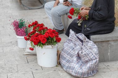 yaşlı bayan beyaz gül street yürüyüş üzerinde turistler için satıyor