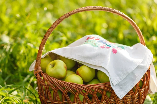 Grandes cestas de manzanas sobre fondo de jardín verde — Foto de Stock