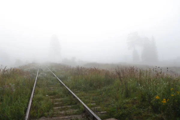 Ferrovia sombria no nevoeiro — Fotografia de Stock
