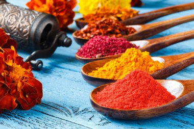 Baharat. Ahşap arka plan üzerinde çeşitli baharatlar. Safran, zerdeçal,