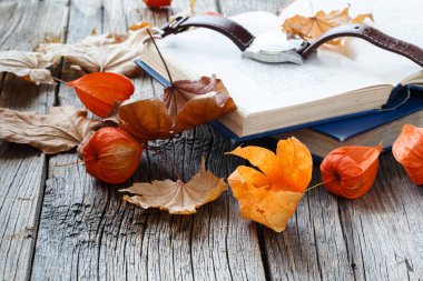 Baharat eğitim rahatla. Sonbahar yaprak ve ahşap masa kitap