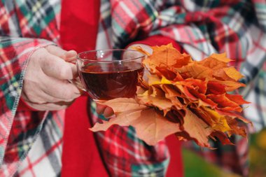 Çay ile parkta sonbahar yürüyüş