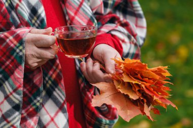 Adam akçaağaç yaprakları ile sonbahar Parkta yürümek çay fincan
