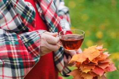 Adam akçaağaç yaprakları ile sonbahar Parkta yürümek çay fincan