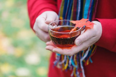 Adam akçaağaç yaprakları ile sonbahar Parkta yürümek çay fincan