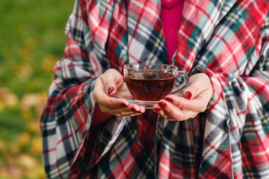 Erkek bir çay sonbahar parkta tutar.
