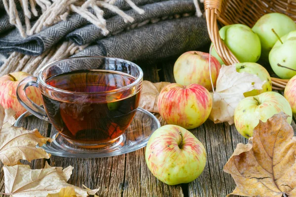Horký čaj s jablkem v podzimní den — Stock fotografie