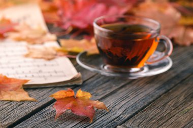 Sonbahar sezonu zaman rahatla. Masada kırmızı akçaağaç yaprağı