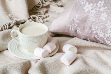 Sıcak ekose kitap ve sütlü sıcak çay ile akşam düşmek