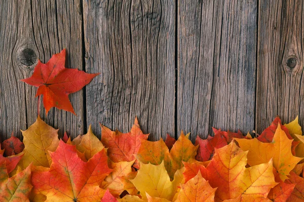 Pádu javorový list na dřevěný stůl, texturu pozadí — Stock fotografie