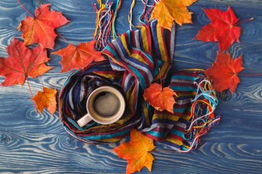 Sonbahar, sonbahar yaprakları, fincan kahve ve sıcak bir eşarp buğulaması sıcak