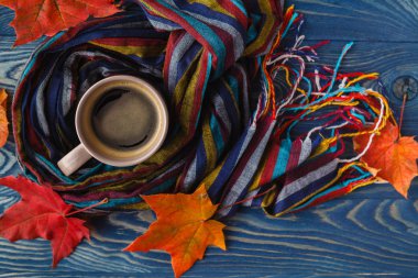 Sonbahar, sonbahar yaprakları, fincan kahve ve sıcak bir eşarp buğulaması sıcak