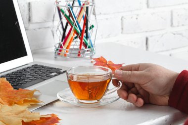 Evdeki masada dizüstü bilgisayarı olan işyeri