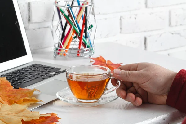 Evdeki masada dizüstü bilgisayarı olan işyeri