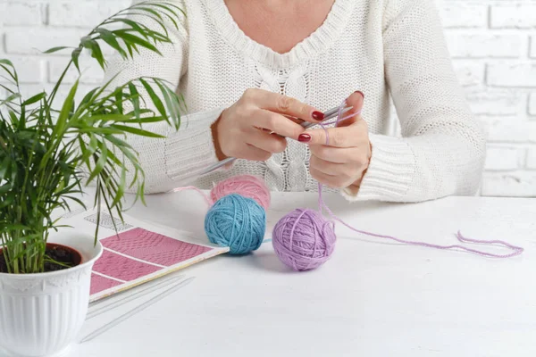 Bolas y madejas de hilo de colores para tejer. Una mujer va a tejer —  Fotos de Stock