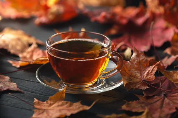 Tasse Tee mit Herbstblättern Hintergrund auf Holztisch / Herbst — Stockfoto