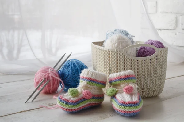 Home Organizers Colored Baskets Handmade Accessories Whote Table — Stock Photo, Image