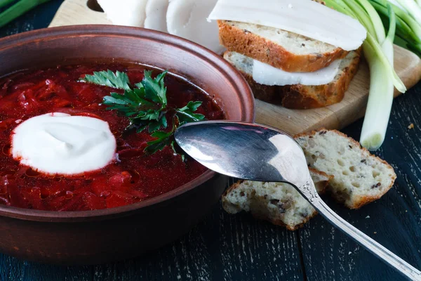 Sopa roja con carne de res, borscht ruso — Foto de Stock
