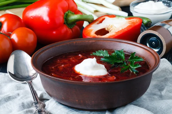 Sopa roja tradicional borscht con carne — Foto de Stock