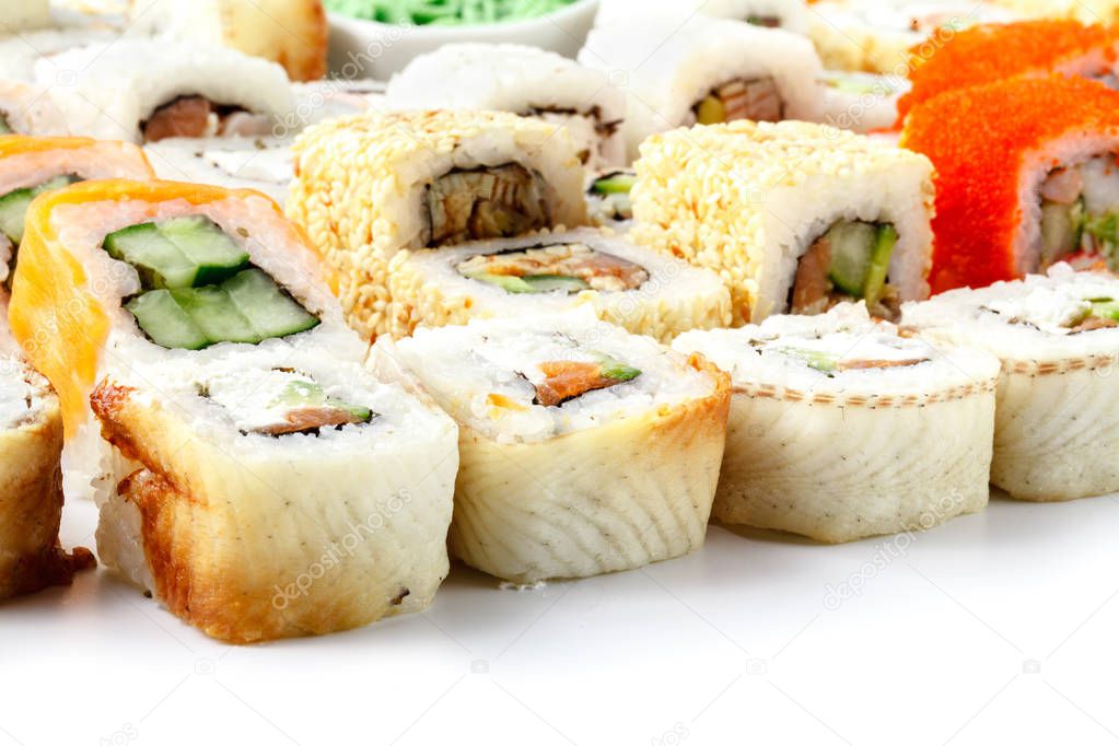 close-up shot of traditional fresh japanese sushi rolls, focus o