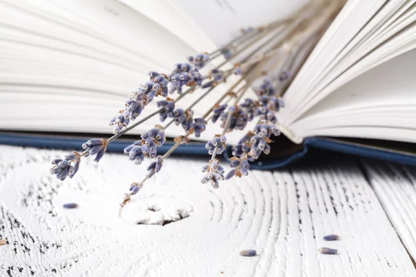 Ramo retro de lavanda seca con libros —  Fotos de Stock