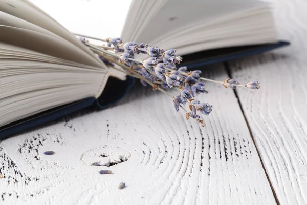 São memórias, um buquê de lavanda seca e livros — Fotografia de Stock