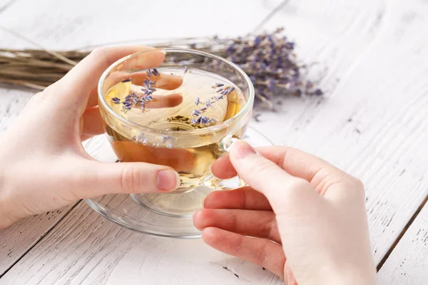 Kadın el ele tutuşarak cam Kupası'nda aromatik bitki çayı — Stok fotoğraf